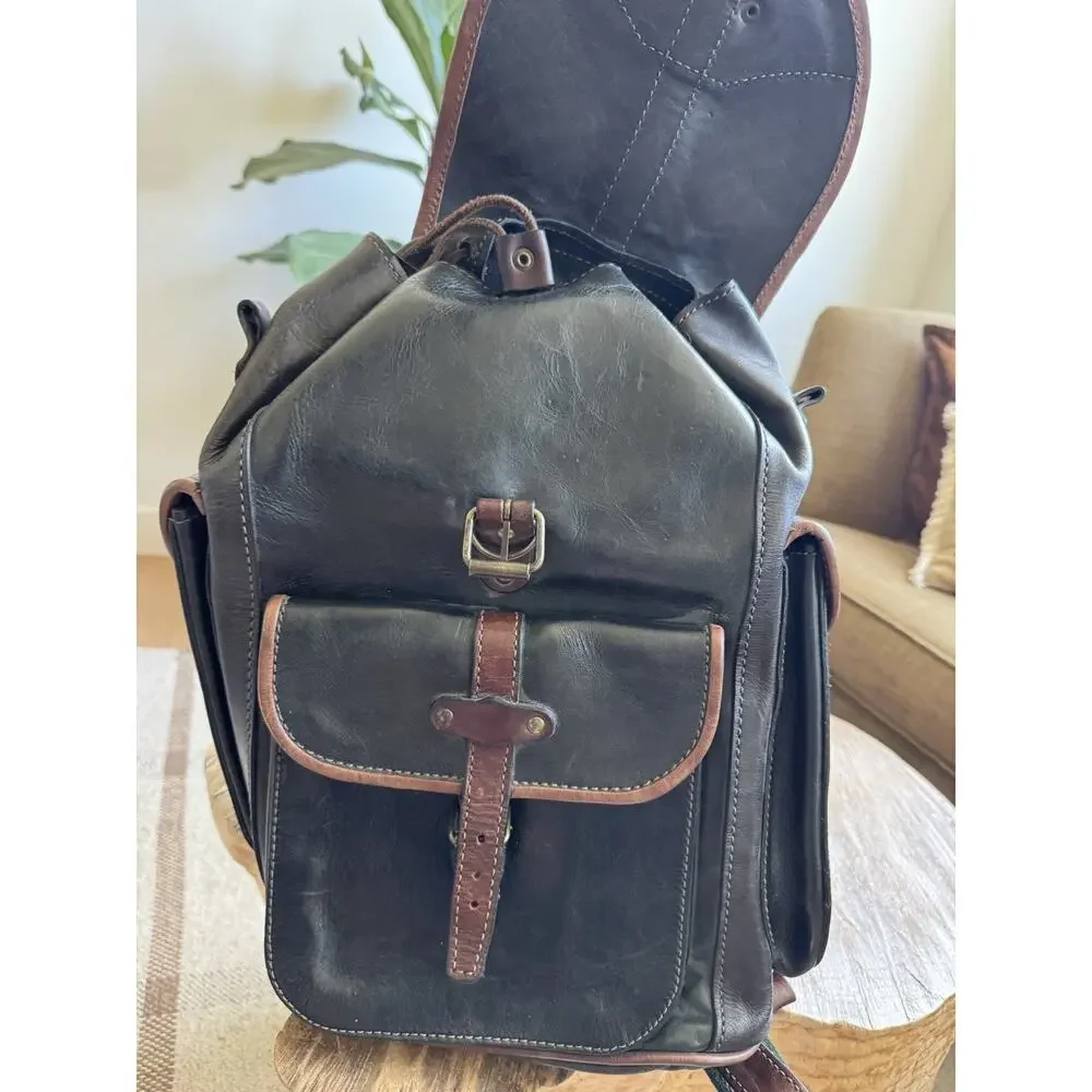Vintage Leather Handmade Backpack Cinch Top Brown Green Gray